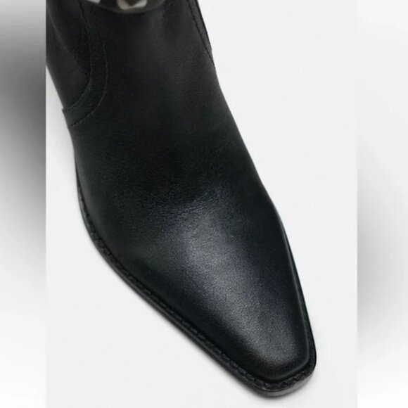 Zara Studded Black Leather Cowboy Ankle Boots - Picture 4 of 10